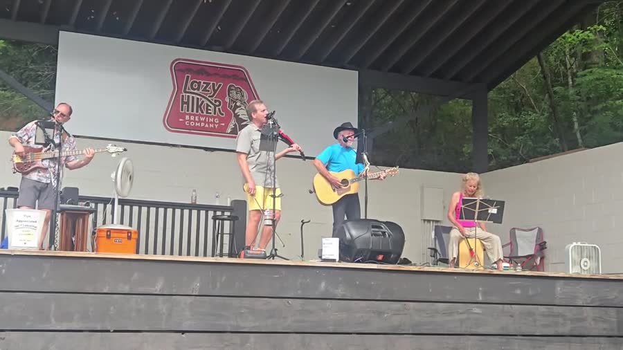 The band mid-set on an outdoor stage